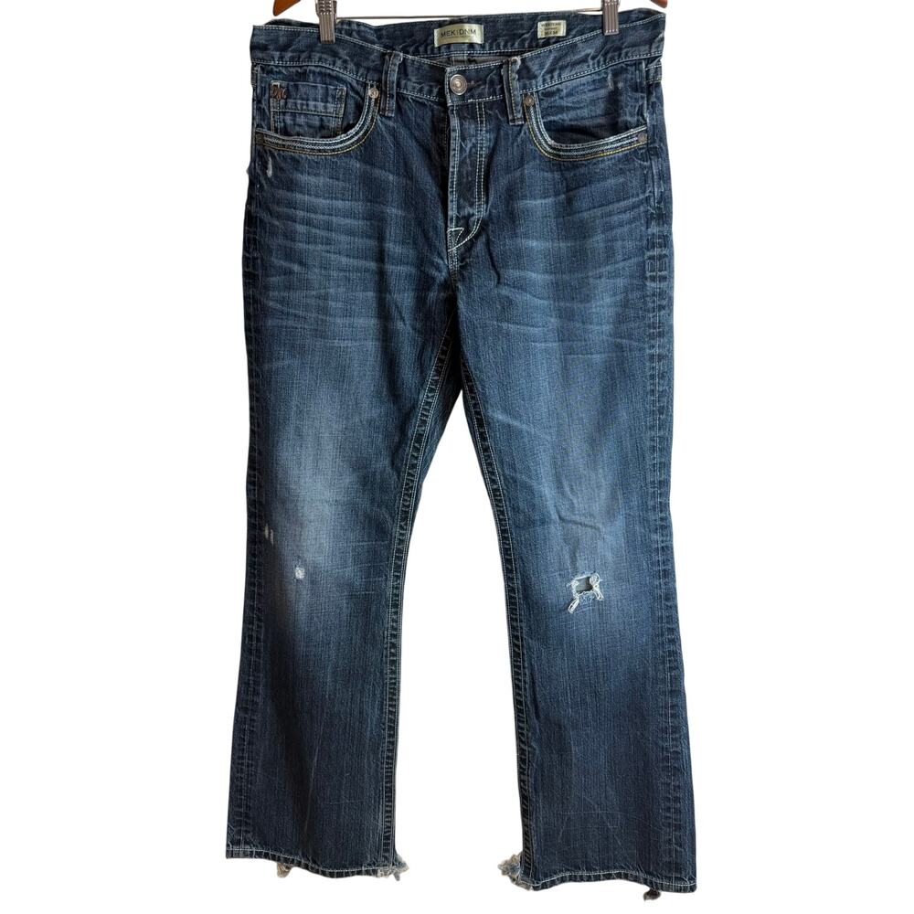 MEK Mens Jean 36x34 Western Slim Boot Raw Hem Distressed Dark Wash Embroidered